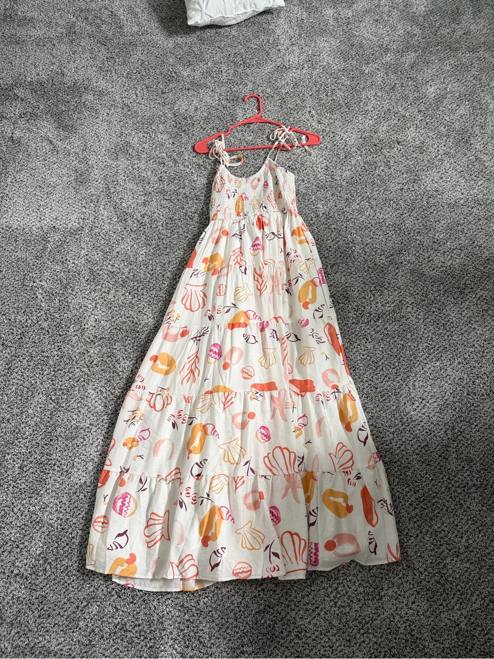 Petal & Pup White Maxi Sundress with Orange, Pink, and Yellow Shell Print